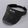 Vintage washed charcoal grey cotton open top sun visor with New York embroidery - Adjustable / Black-NEW YORK