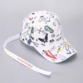 Detail of white cotton baseball cap with graffiti prints and long ribbon strap - White Graffiti Animal (Ribbon)
