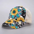 Atmungsaktive Mesh-Pferdeschwanz-Kappe mit Sonnenblumen- und Kuhmuster auf der Front - Sonnenblume Türkis Kuhdruck (14# Farbe)