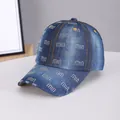 Navy blue denim baseball cap featuring sparkly rhinestone letters and frayed brim detail - Logo Medium Blue