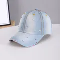 Light blue denim baseball cap with star rhinestones and distressed brim details - Star Studded Light Blue