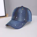 Dark blue denim baseball cap with sparkling white rhinestones and star crystal accents - Star Studded Medium Blue