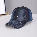 Navy denim baseball cap with sparkling rhinestones and colorful star sequins - Star Studded Dark Blue