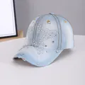 Light blue denim baseball cap with rhinestone star pattern and distressed brim detail - Outline Star Light Blue