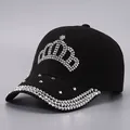 Berretto da baseball in cotone nero con corona di strass e cristalli sulla visiera - Regolabile / Nero Corona di Strass
