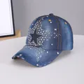 Dark blue denim baseball cap with silver rhinestones star pattern and distressed brim - Outline Star Medium Blue