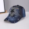 Dark blue denim baseball cap with rhinestone star pattern and distressed brim detail - Outline Star Dark Blue