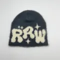 Detailed view of dark grey faux mink fur beanie with white RRW jacquard knit pattern - One Size / Dark Gray