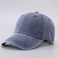 Detail view of washed cotton fabric and stitching on vintage blue baseball cap - Adjustable / Pure Cotton Soft Top - Navy Blue