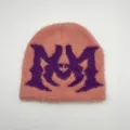 Pink fluffy faux mink knit beanie featuring a purple gothic letter M jacquard pattern - One Size / Pink Large M
