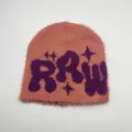 Plush faux mink knitted beanie featuring salmon orange and purple RRW jacquard pattern - One Size / Orange