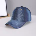 Dark blue denim baseball cap featuring sparkly rhinestone star patterns and orange stitching - Multi-Star Medium Blue