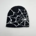 Fuzzy black knit beanie featuring a bold white spider web jacquard streetwear design - One Size / Black Spider Web