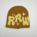 Close-up of brown faux mink fur beanie featuring yellow RRW letter and star embroidery - One Size / Brown