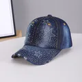 Dark blue denim baseball cap with rhinestone star pattern and vintage distressed brim - Multi-Star Dark Blue