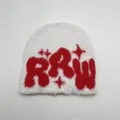 Plush faux mink knitted beanie in white featuring red RRW lettering and star design - One Size / White