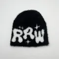 Close-up of black mohair knit beanie featuring white RRW letters and star pattern - One Size / Black