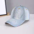 Distressed light blue denim baseball cap featuring white rhinestones and star patterns - Bamboo Leaf Light Blue