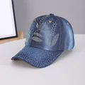 Dark blue denim baseball cap with sparkling rhinestone floral embroidery and studs - Bamboo Leaf Medium Blue
