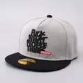Detail view of slogan embroidery on a flat brim hip hop baseball cap with grey crown - Adjustable / Gray Black Contrast Slogan