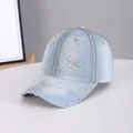 Light blue denim baseball cap with rhinestone butterfly and embroidered daisy flowers - Butterfly Light Blue