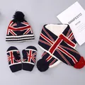 Winter knitted set with British flag pattern including warm hat, scarf and mittens - Kids Flag Style / Black