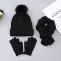 Winter set with black knit beanie, pompom hat, scarf and touchscreen gloves for children - Black