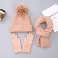 Detail of soft winter knit set including pompom hat, scarf and touchscreen gloves - Hat with Pom-poms / Khaki
