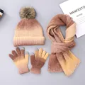 Detail of ombre tie-dye winter set with pompom beanie, scarf, and touchscreen gloves - Light Coffee Gradient