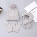 Three-piece winter knit set with grey pompom hat, warm scarf, and touchscreen gloves - Light Gray