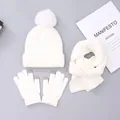 Winter set with white knit hat, pom-pom, scarf, and touch screen gloves for kids - White