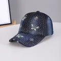 Dark blue denim baseball cap with sparkling rhinestone butterfly patterns and studs - Butterfly Dark Blue