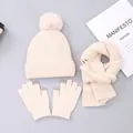 Detailed knit set with pom-pom beanie, scarf, and touchscreen gloves in creamy white - Beige