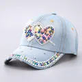 Denim baseball cap with colorful rhinestone hearts and studded brim for women - Heart Arrow Colorful Rhinestone Style / Light Blue Heart Arrow Colorful Rhinestone