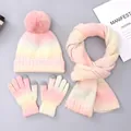 Three-piece tie-dye knit set with pom-pom beanie, long scarf and touchscreen gloves - Rainbow Gradient