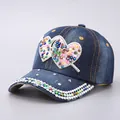 Denim baseball cap for women with colorful rhinestones heart pattern and bent brim - Denim Blue Heart Arrow Colorful Rhinestone