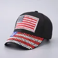 Black baseball cap with American flag USA pattern in shiny red white and blue rhinestones - Adjustable / Black Rhinestone Flag (Full Rhinestone Brim)