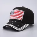 Close-up of USA flag rhinestone patch and sparkling crystals on black baseball cap brim - Adjustable / Black Rhinestone Flag