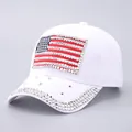 Detail of white USA flag baseball cap with rhinestone embellishments on brim and crown - Adjustable / White Rhinestone Flag