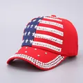 Red USA baseball cap with rhinestones, stars and stripes American flag design - Adjustable / Red Color Block Rhinestone Flag