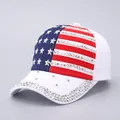 Close-up of sparkling silver rhinestones and star studs on a USA flag baseball cap - Adjustable / White Color Block Rhinestone Flag