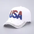 White cotton baseball cap with USA rhinestone design and crystal-embellished brim - Adjustable / White Rhinestone USA