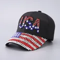 Detailed close-up of glittering USA rhinestone letters and flag pattern on a baseball cap - Adjustable / Black USA (Full Rhinestone Brim)