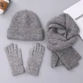 Detailed knit texture of gray winter set including beanie, scarf, and touchscreen gloves - Regular Hat / Gray
