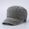 Detail shot of a vintage washed cotton cadet cap showing fabric texture and stitching - Solid Color Flat Top / Dark Gray