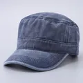 Minimalist vintage washed cotton army cap in blue-grey with reinforced brim stitching - Solid Color Flat Top / Denim Blue