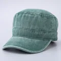 Retro washed cotton military flat top hat in vintage green with durable canvas texture - Solid Color Flat Top / Dark Green