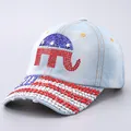 Detailed view of light blue denim hat featuring rhinestones elephant and flag pattern - Light Blue Elephant