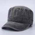 Detail view of washed grey cotton cadet cap with high-density canvas and reinforced stitching - Solid Color Flat Top / Vintage Black