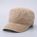 Detailed view of reinforced stitching on the brim of a vintage khaki washed cotton cadet hat - Solid Color Flat Top / Khaki